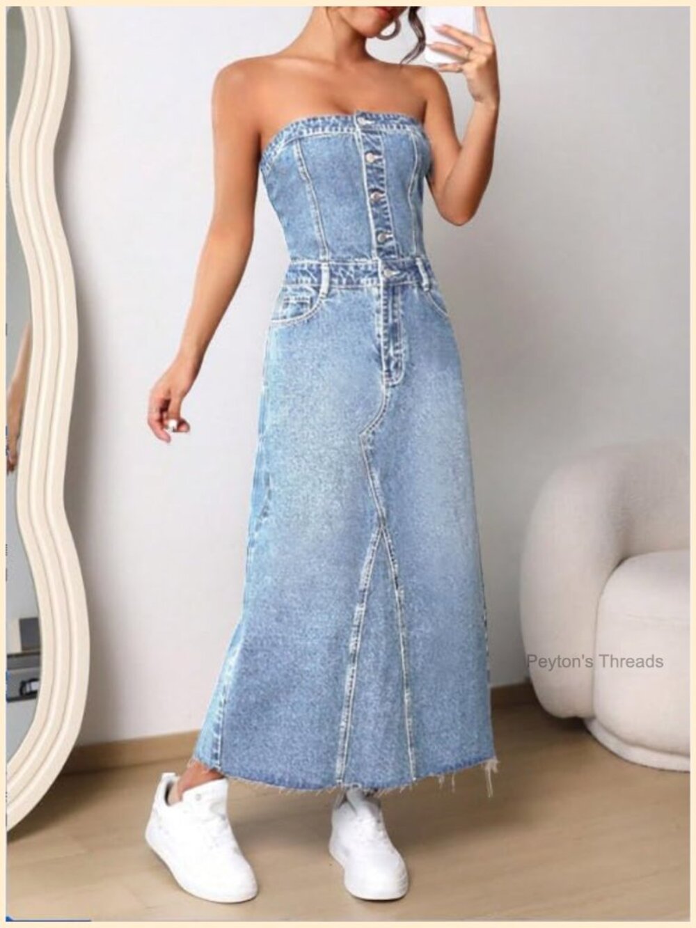 Strapless Denim Tube Dress Back Smocked Midi Slim Fit A-Line Sleeveless Party - Picture 2 of 6